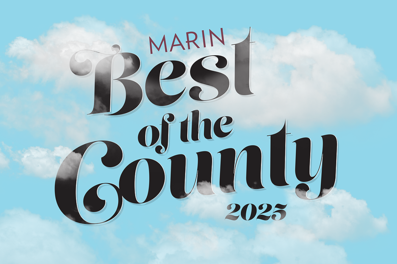 Graphic design titled 'Marin Best of the County 2025' with black and white cloud patterns within the bold, stylized text set against a blue sky with clouds.