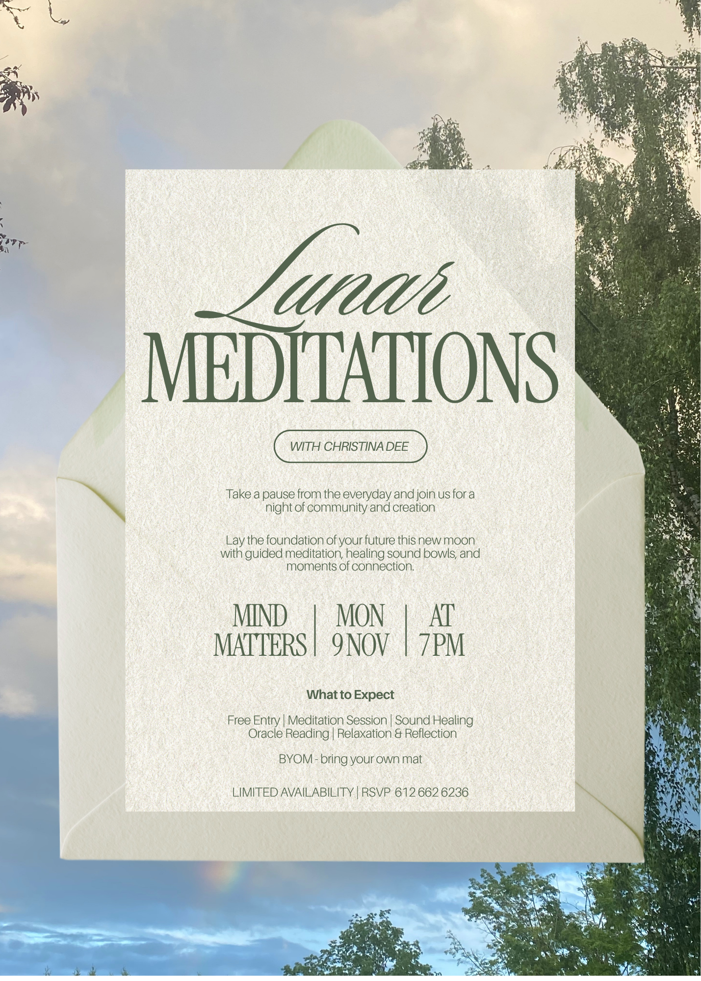Event flyer titled 'Lunar Meditations' with details about a meditation session on November 9th at 7 PM, guided by Christina Dee, with themes of mindfulness, sound healing, and reflection, encouraging attendees to bring their own mats and rsvp at a specified phone number.