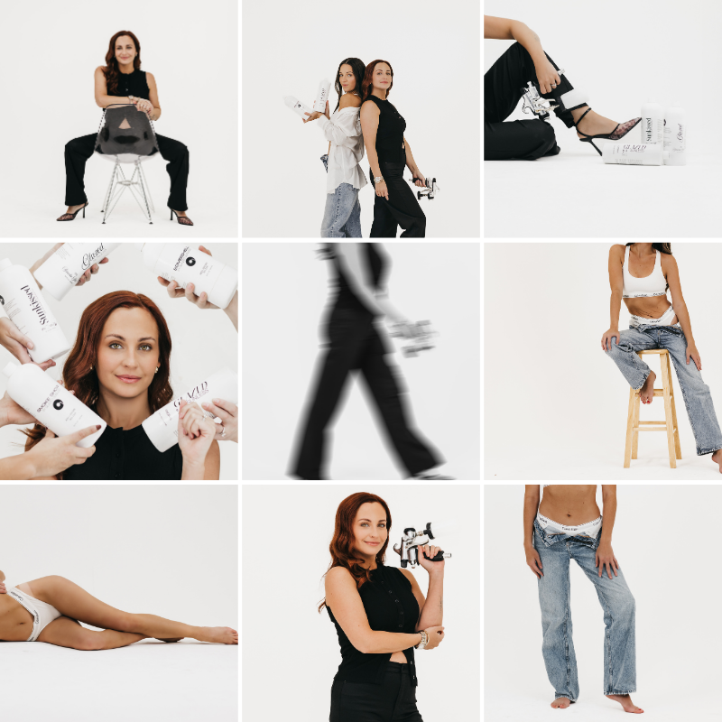 Collage of women with beauty and fashion products in various poses against a white background, some holding skincare bottles, some sitting, standing, or lying down.