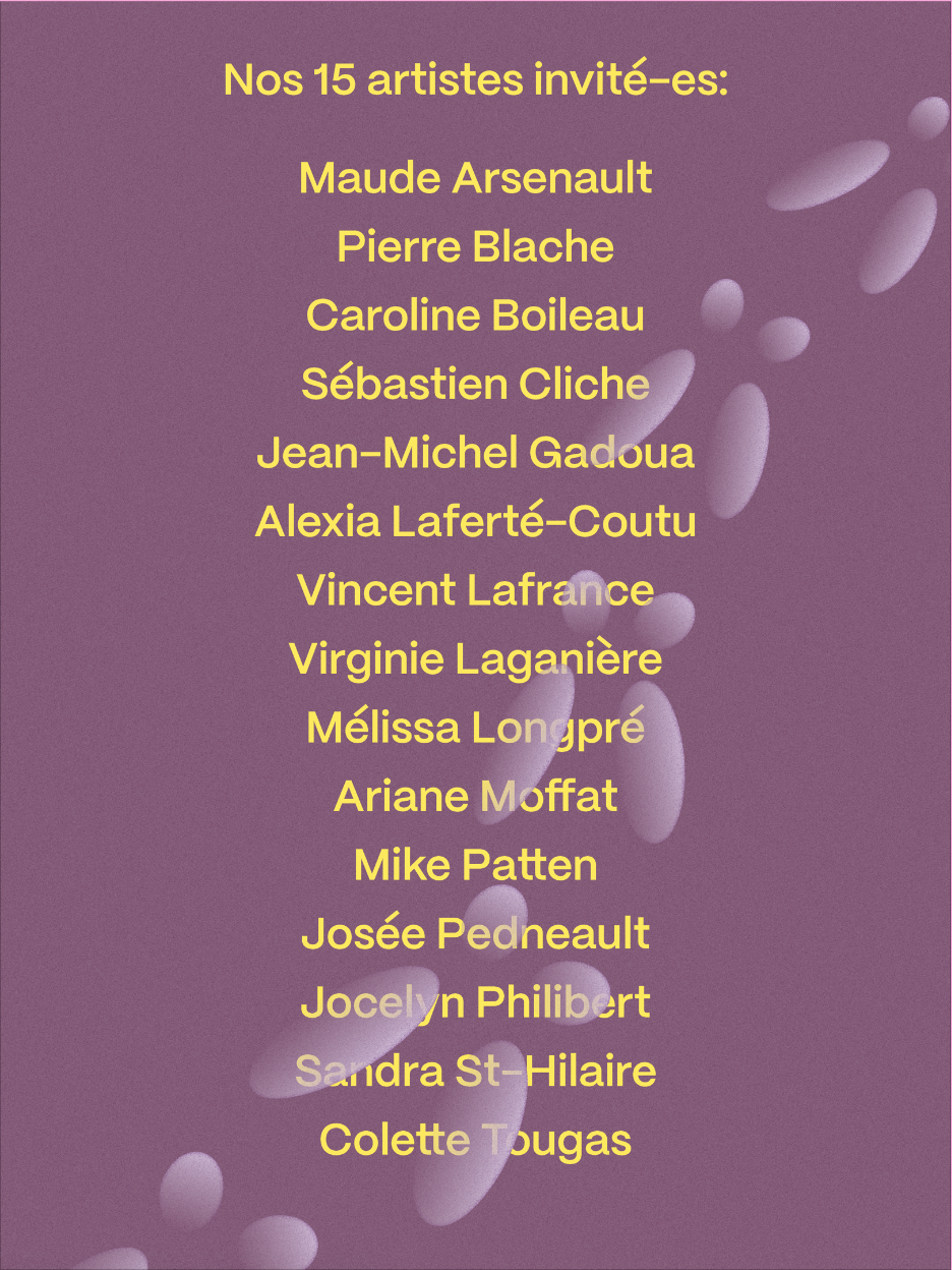 Liste de 15 artistes invités avec noms en jaune sur un fond violet avec des formes ovales translucides.