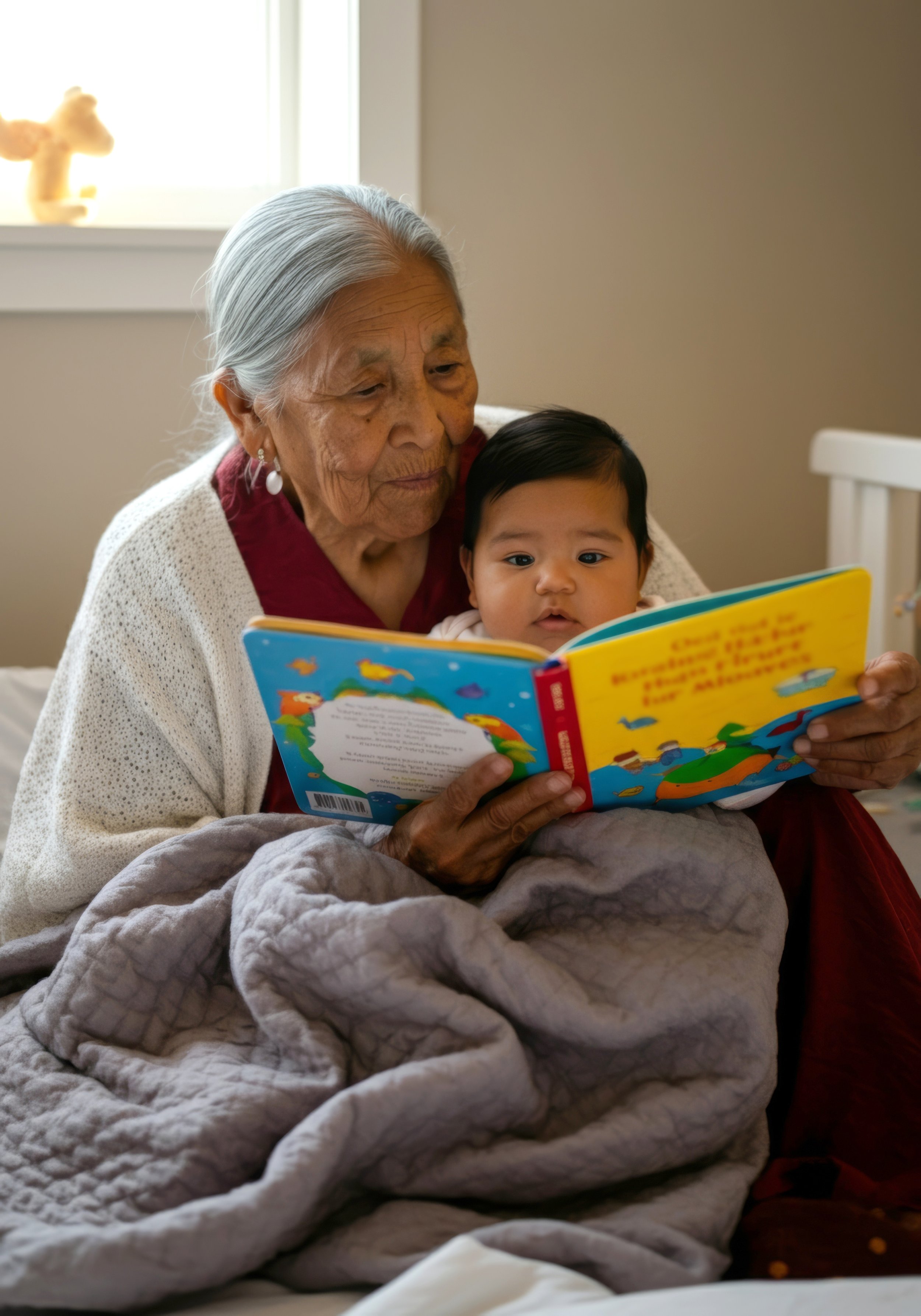 A grandmother with a young child on lap looking at a book