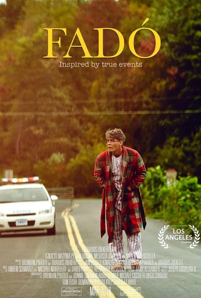 Movie poster for 'Fado' showing a young man walking on a deserted road with a police car behind him. The background features orange and green foliage. Title is at the top, with the tagline 'Inspired by true events,' and additional credits at the bott