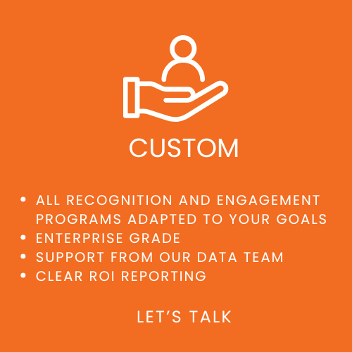 Orange background with a white hand and person icon and text promoting custom recognition and engagement programs, data support, and clear ROI reporting.