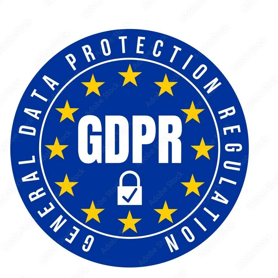 Circular badge with blue background and yellow stars, featuring the text GDPR in the center and the words 'General Data Protection Regulation' around the outer edge.