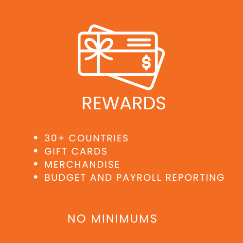 Orange background with white icons of gift cards and the word Rewards. List includes 30+ countries, gift cards, merchandise, budget and payroll reporting, and no minimums.