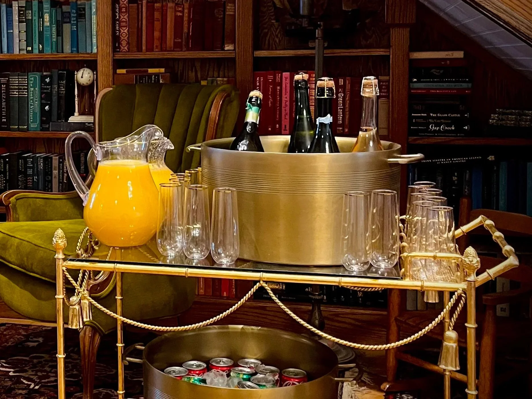 Included-  8 Brass Bleeker Bar Party Buckets, Plastic Water Pitchers, Gilded Bar Cart