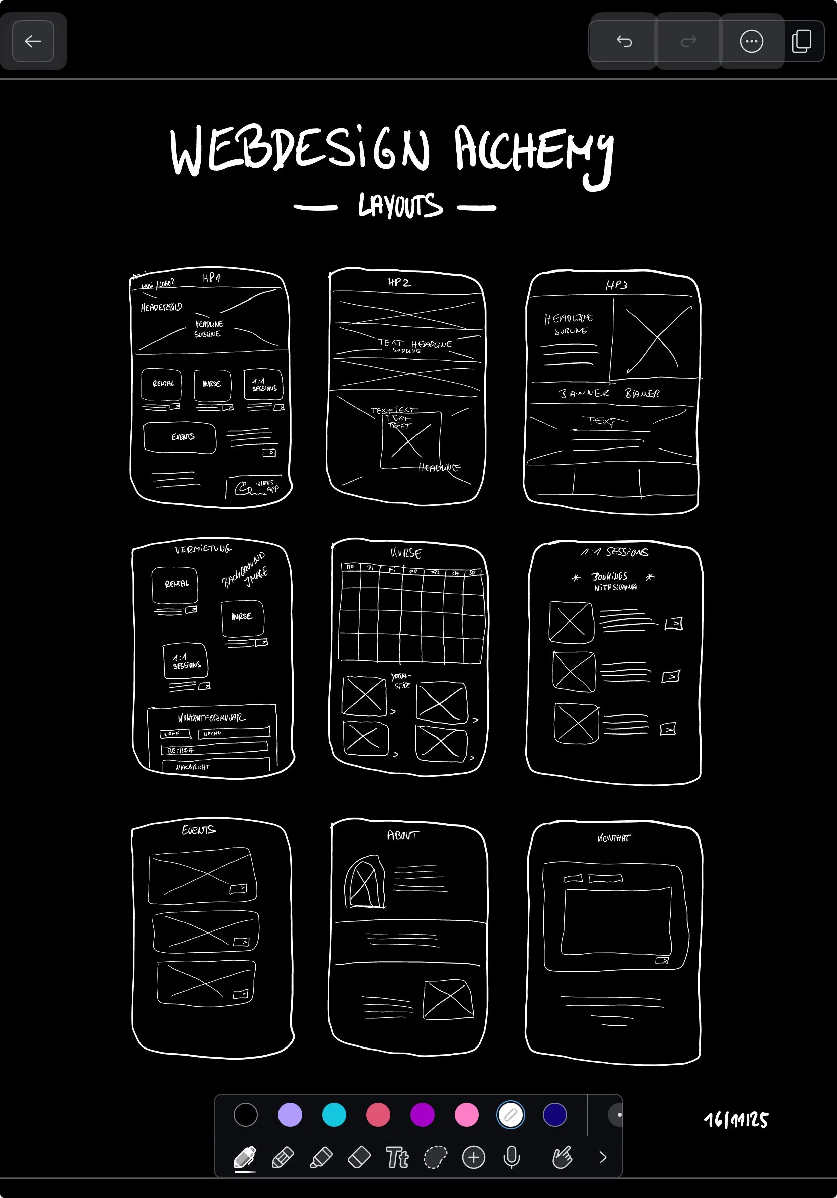 Sketches of mobile website layouts for 'Webdesign Alchemy' including homepage, about, events, and notification screens.