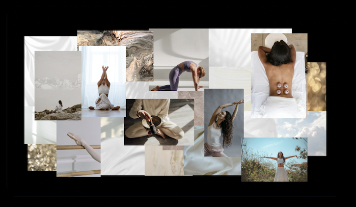 Collage of women practicing yoga, receiving massage therapy, and relaxing outdoors.
