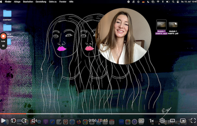 Computer desktop background with line art of three women's faces and a photograph of a smiling woman superimposed within the artwork. The desktop has several folders and files visible along the top and right side.