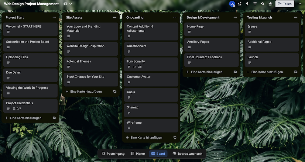 Screenshot of a web design project management board with various categories and tasks, including Project Start, Site Assets, Onboarding, Design & Development, and Testing & Launch, displayed over a background of lush green tropical leaves.