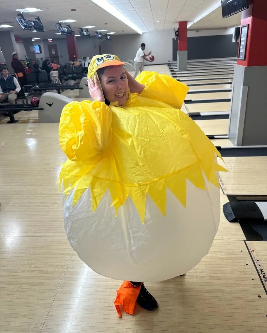 Have you ever seen a woman in large inflatable chicken costume bowl before? Well now you have... kind of... 

College Students, join us for Halloween Bowling on Friday, October 31st to see what sort of inflatables will attempt to bowl. 

Dinner will 