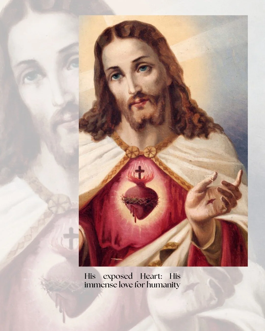 ❤️&zwj;🔥This week we focus on the Exposed Heart of Jesus as portrayed in His Sacred Heart.

By leaving His heart fully exposed to us, he holds nothing back in His love for humanity. He makes His heart accessible and loving to us.

Don't shy away fro