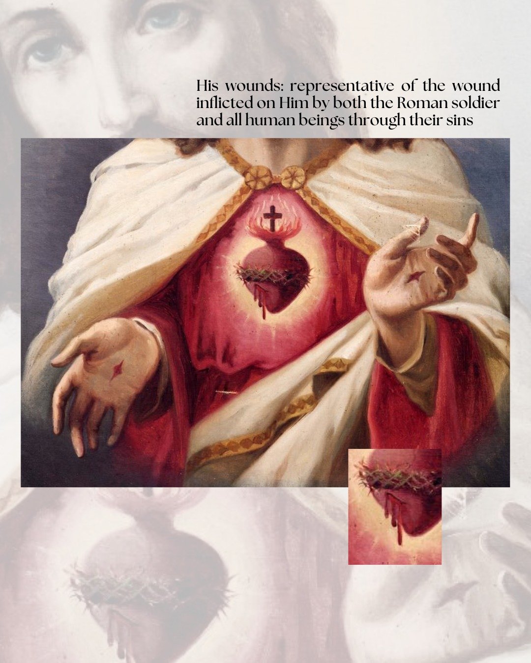 The wounds of Jesus revealed in His sacred heart show us His immense desire to be be close to us and heal us with His blood.

His blood washes away our sins. Jesus does not hide his wounds from us as something to be ashamed of but rather puts them on