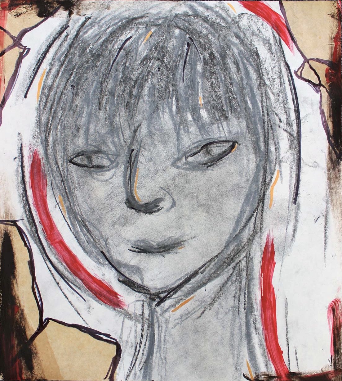 Alien in Myself - charcoal, pastels, dress paper patterns on paper