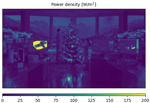 Power-density heat map from Opixs for an RGBW subpixel layout, visualising how electrical load is redistributed across the display image, with reduced stress in coloured regions due to contribution from the white subpixel.