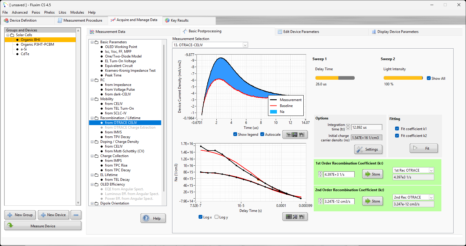 CS 4.5 screenshot of the Basic Postprocessing tab. Here the OTRACE CELIV is analyzed which allows to determine the charge carrier density as well as recombination dynamics.