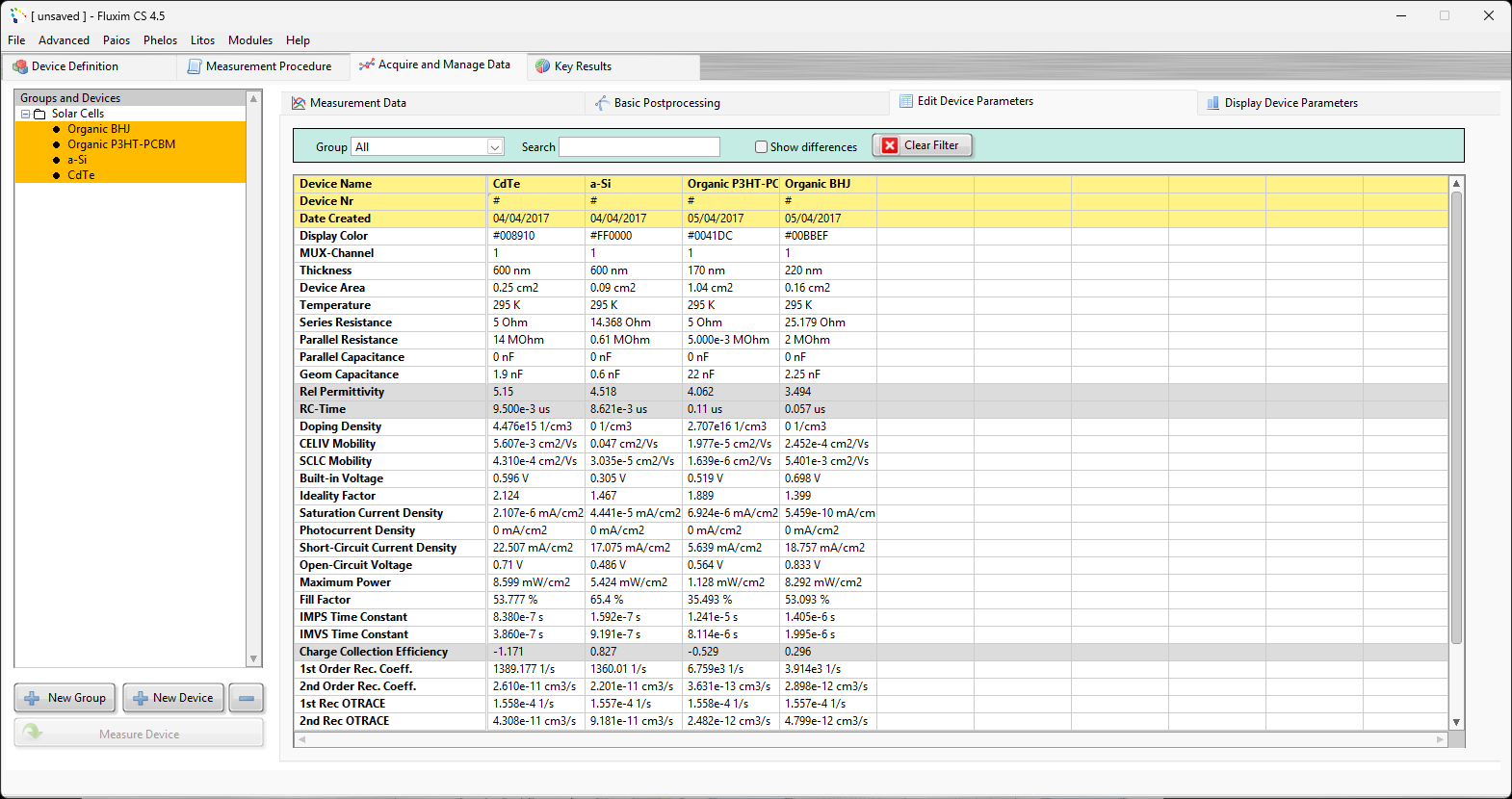 Screenshot from CS 4.5 showing the device parameter table for the selected samples. Here all defined parameters can be directly compared and edited.