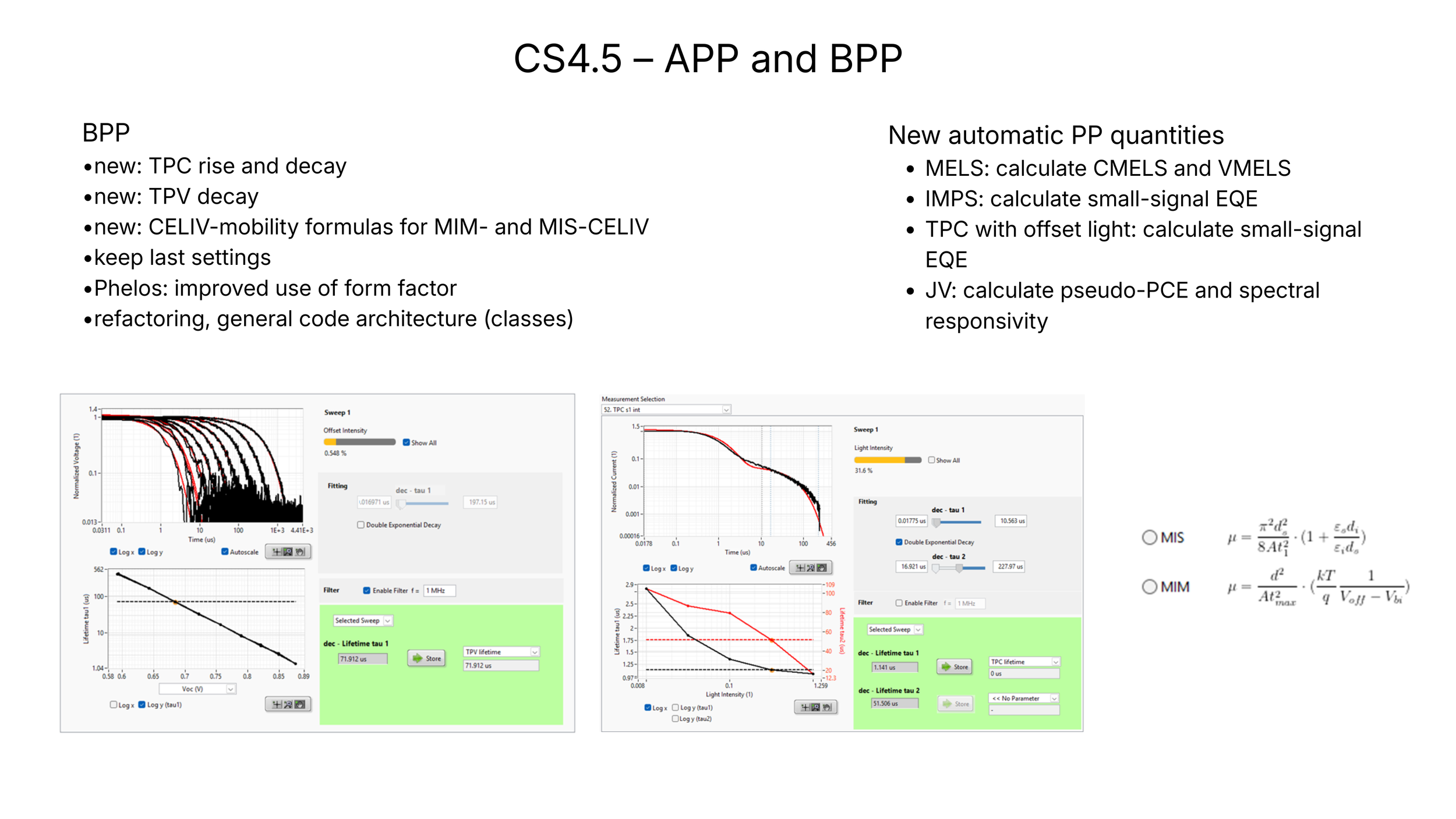 Fluxim CS4.5 slide showing new basic and automatic post-processing features for TPC, TPV, CELIV, MELS, IMPS and JV analysis.