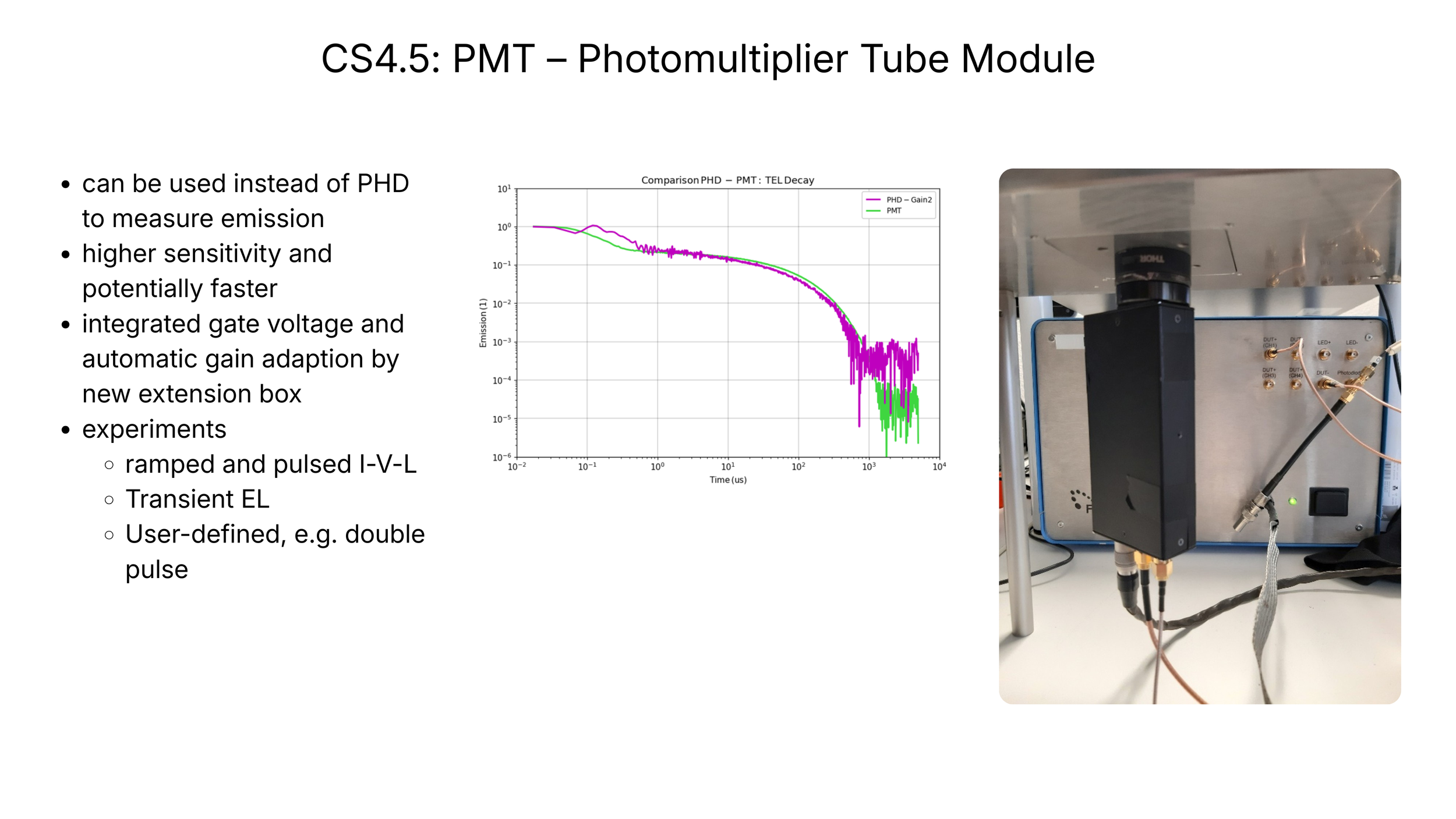 Fluxim CS4.5 photomultiplier tube module for high-sensitivity transient electroluminescence and I-V-L measurements with Paios.