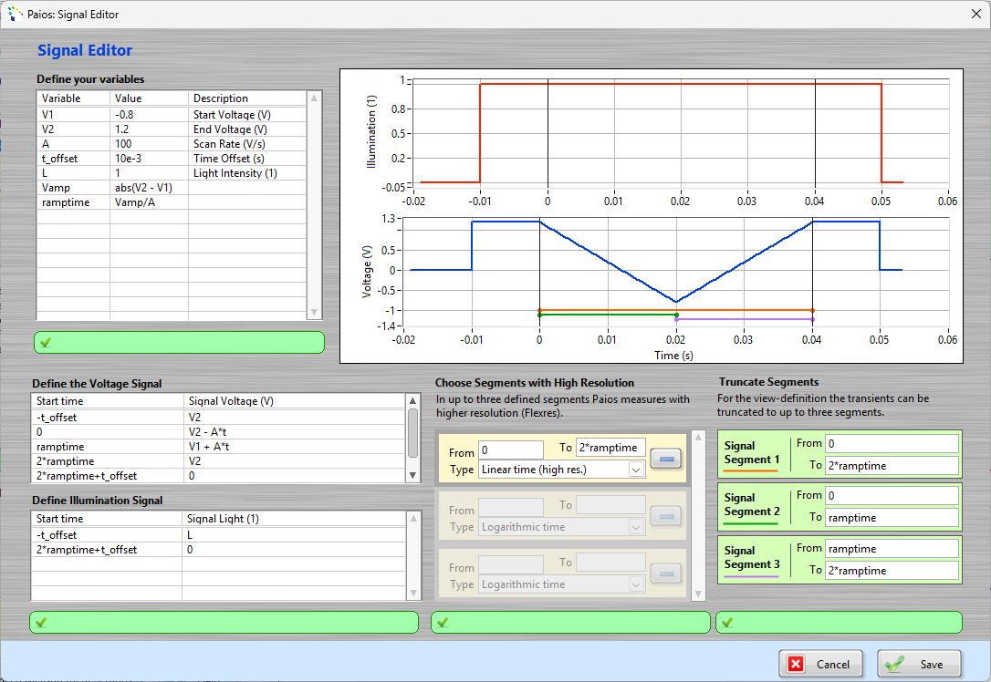 Screenshot from CS 4.5 showing the Custom Signal Editor. Here the hysteresis-IV is designed with a voltage ramp down and up.