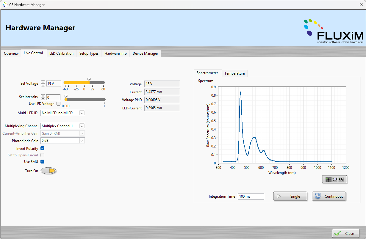 CS 4.5 screenshot of the hardware manager window which allows to perform quick tests as well as configure and check the hardware components. Here a test spectrum is measured.