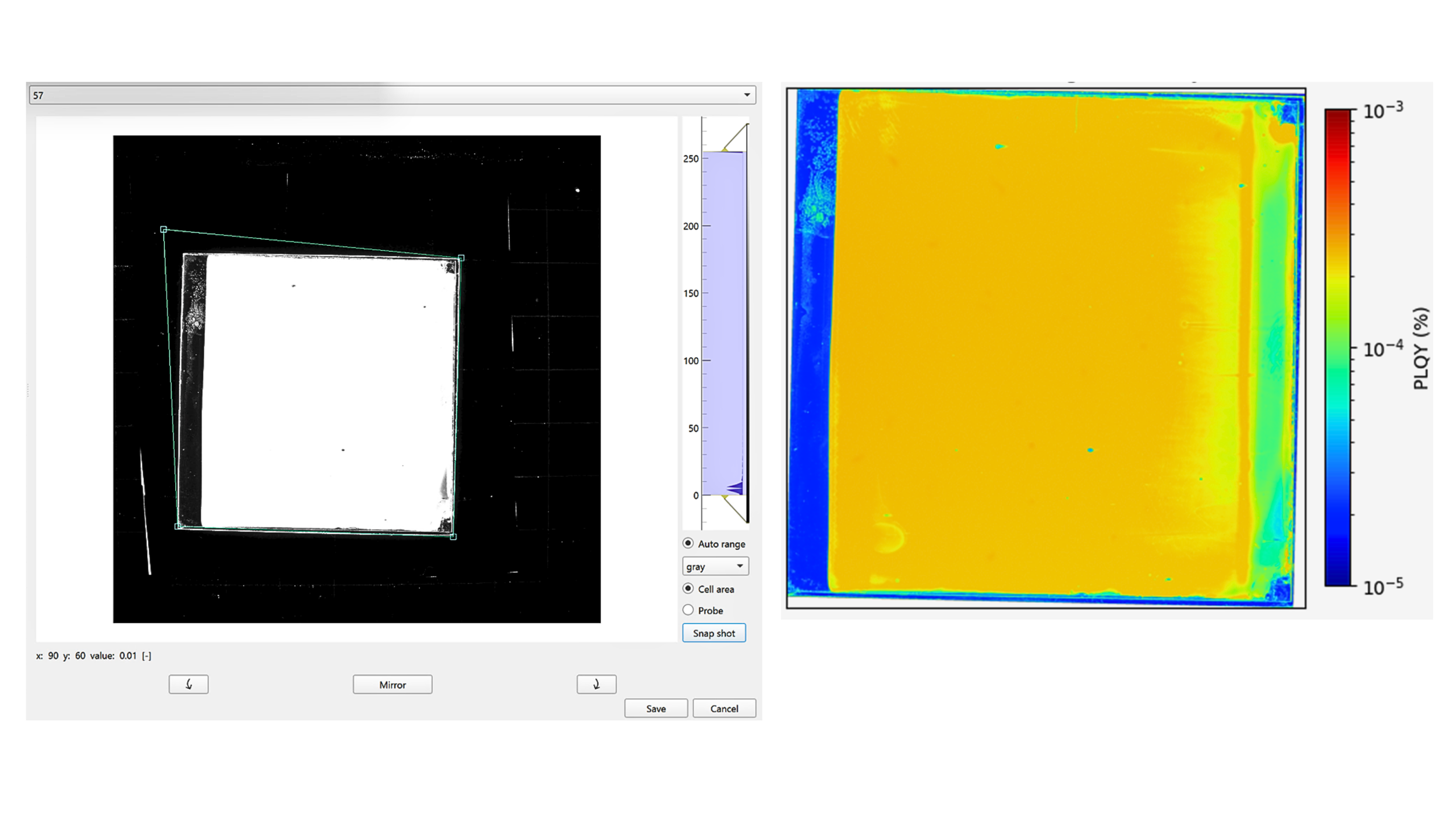 Vitios imaging software showing a solar cell camera image alongside a PLQY map, highlighting spatial inhomogeneities, edge losses, and non-uniform charge extraction across the device.