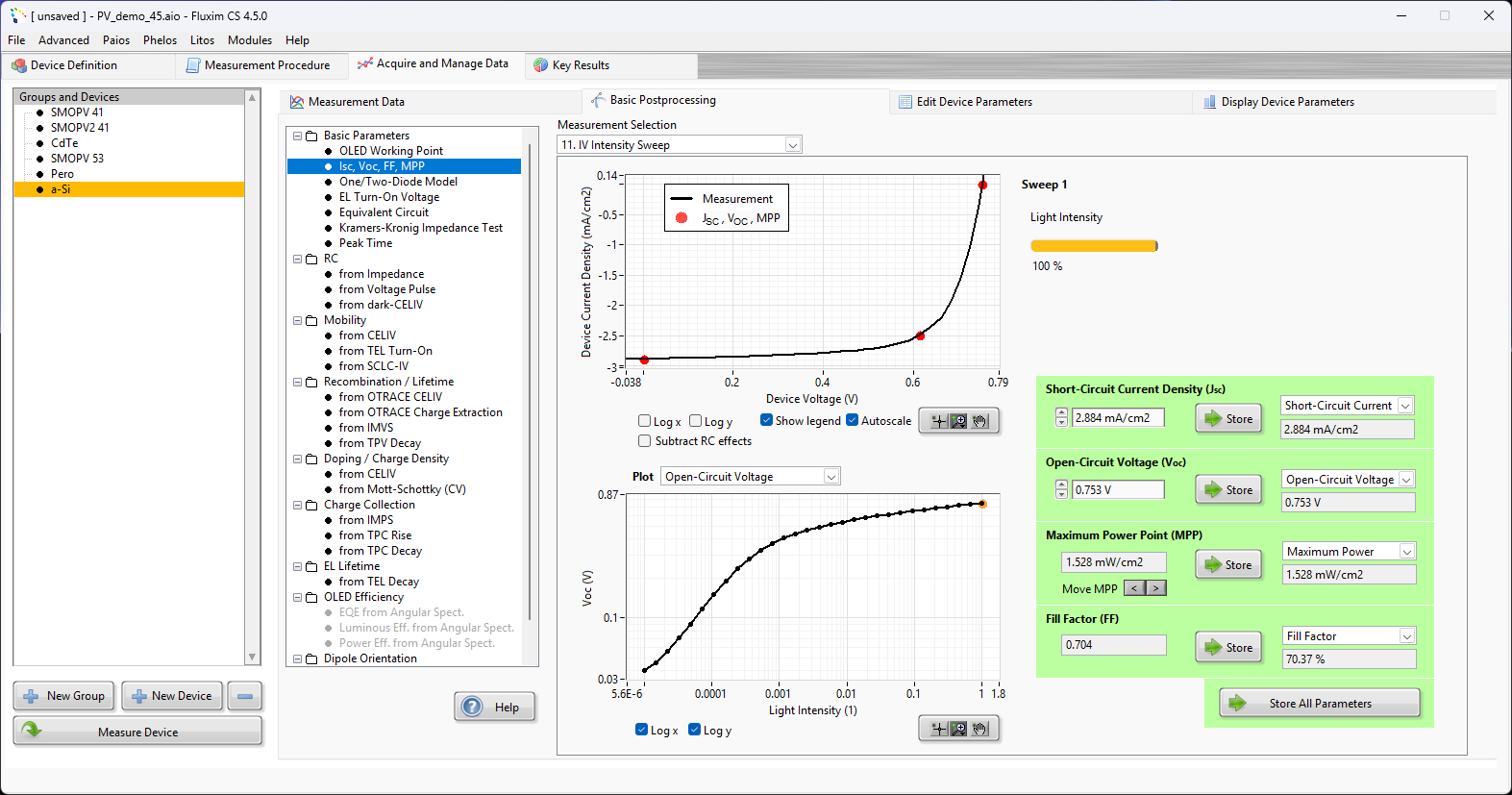 Screen capture of the Basic Post-processing routine for current-voltage curves under illumination. The important solar cell parameters Isc, Voc, FF and MPP are extracted and can be stored as device parameters.