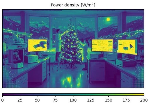 Power-density heat map generated with Opixs, showing spatial distribution of electrical load across an OLED display image, with higher power regions highlighted around bright, colourful areas of the scene.