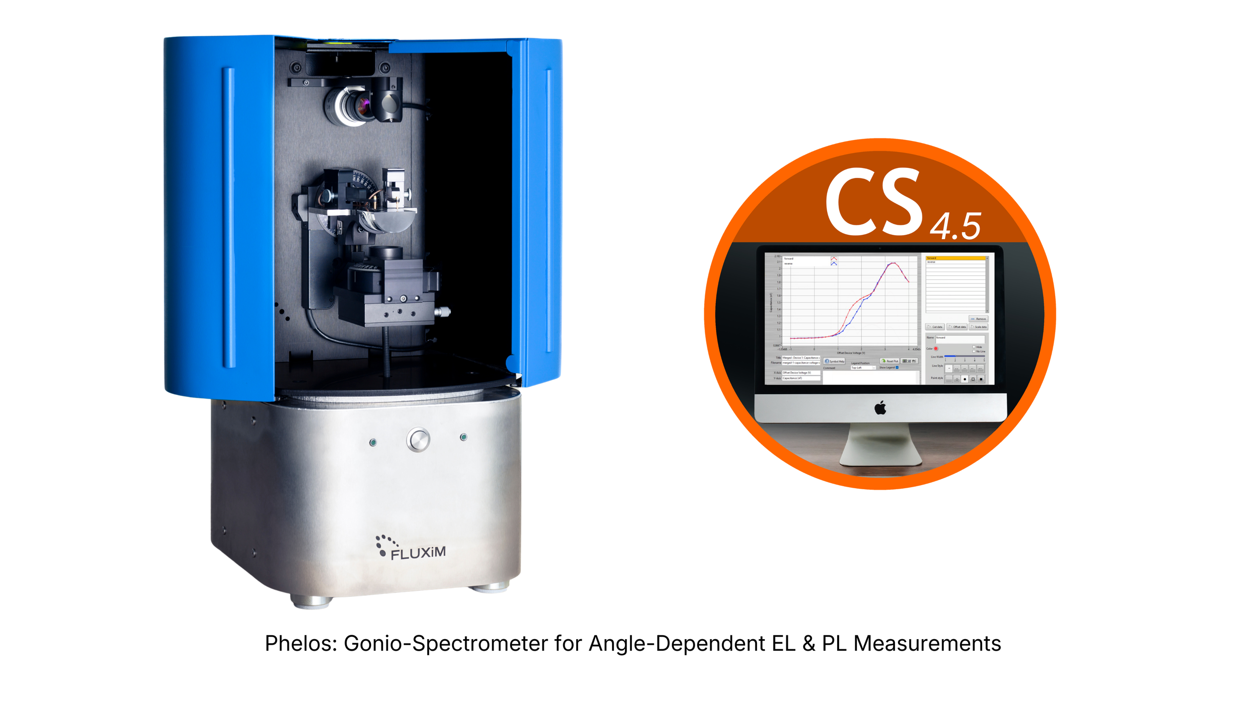 Fluxim Phelos gonio-spectrometer with CS4.5 software for angle-dependent electroluminescence and photoluminescence measurements.