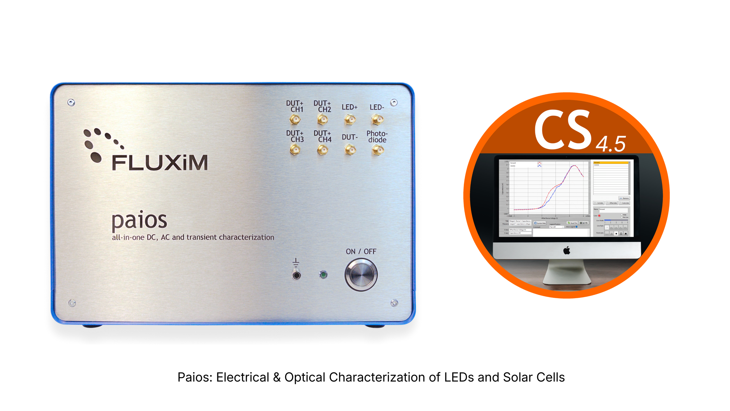 Fluxim Paios instrument with CS4.5 software for electrical and optical characterization of LEDs and solar cells.