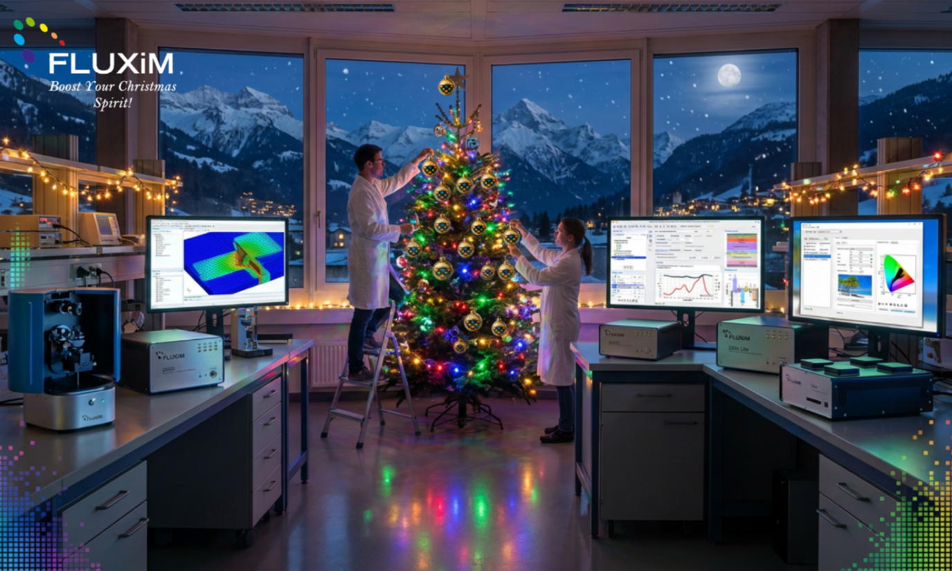 Researchers decorating a Christmas tree in a photonics lab, with OLED simulation results from Opixs displayed on multiple monitors and Fluxim instruments on lab benches, snowy mountains visible outside.