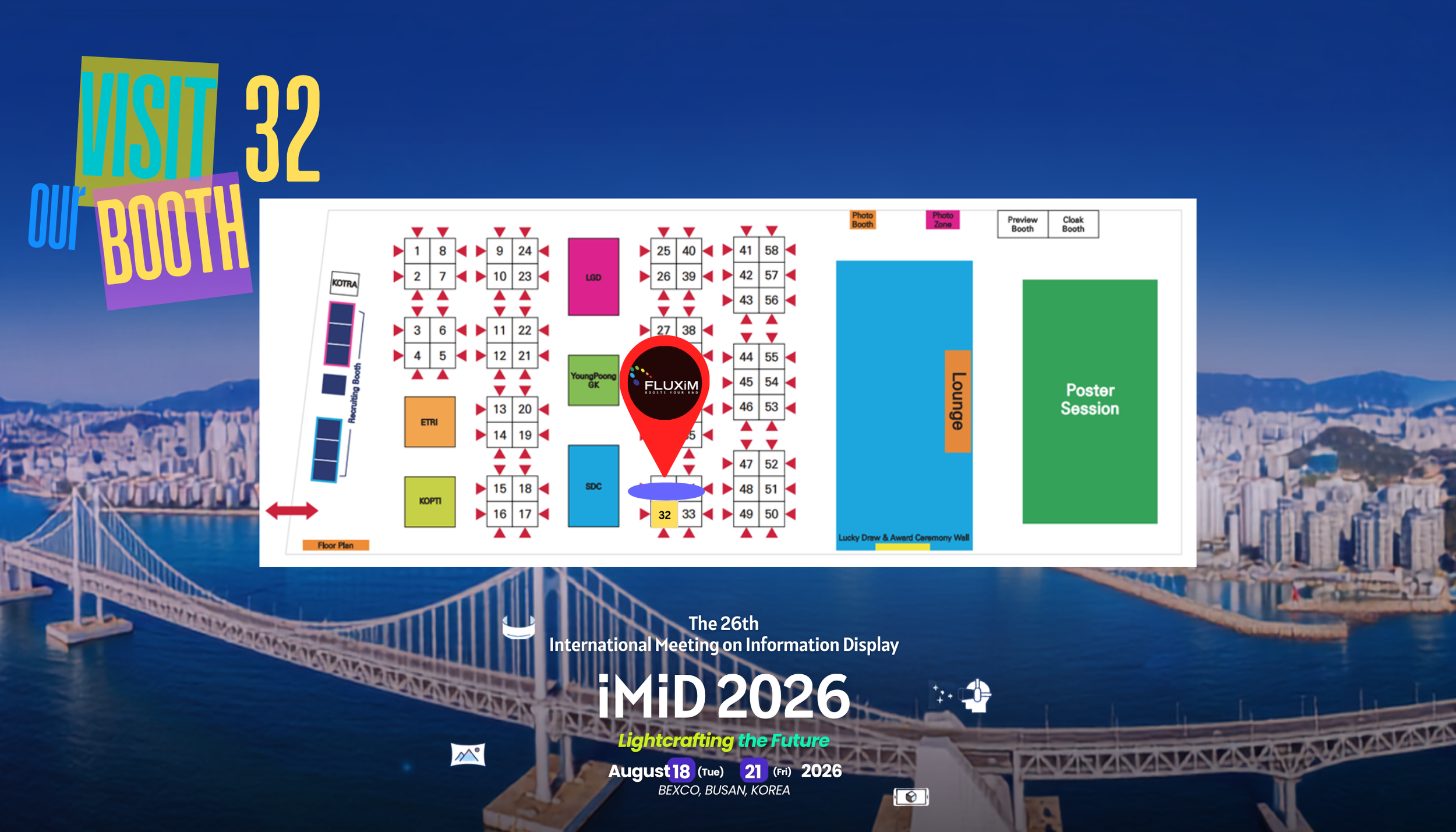 IMID 2026 exhibition floor plan showing the location of Fluxim Booth 32
