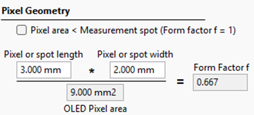 Phelos software interface showing pixel geometry settings used to calculate the OLED pixel area form factor.