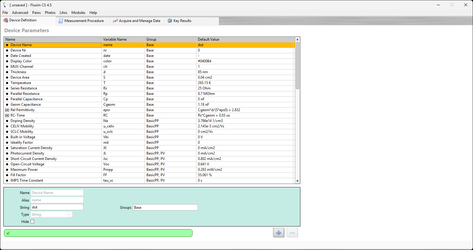 Screenshot from CS 4.5 showing the device parameter definition tab. Here relevant parameters that shall be analysed can be created as well as linked to others via formula.