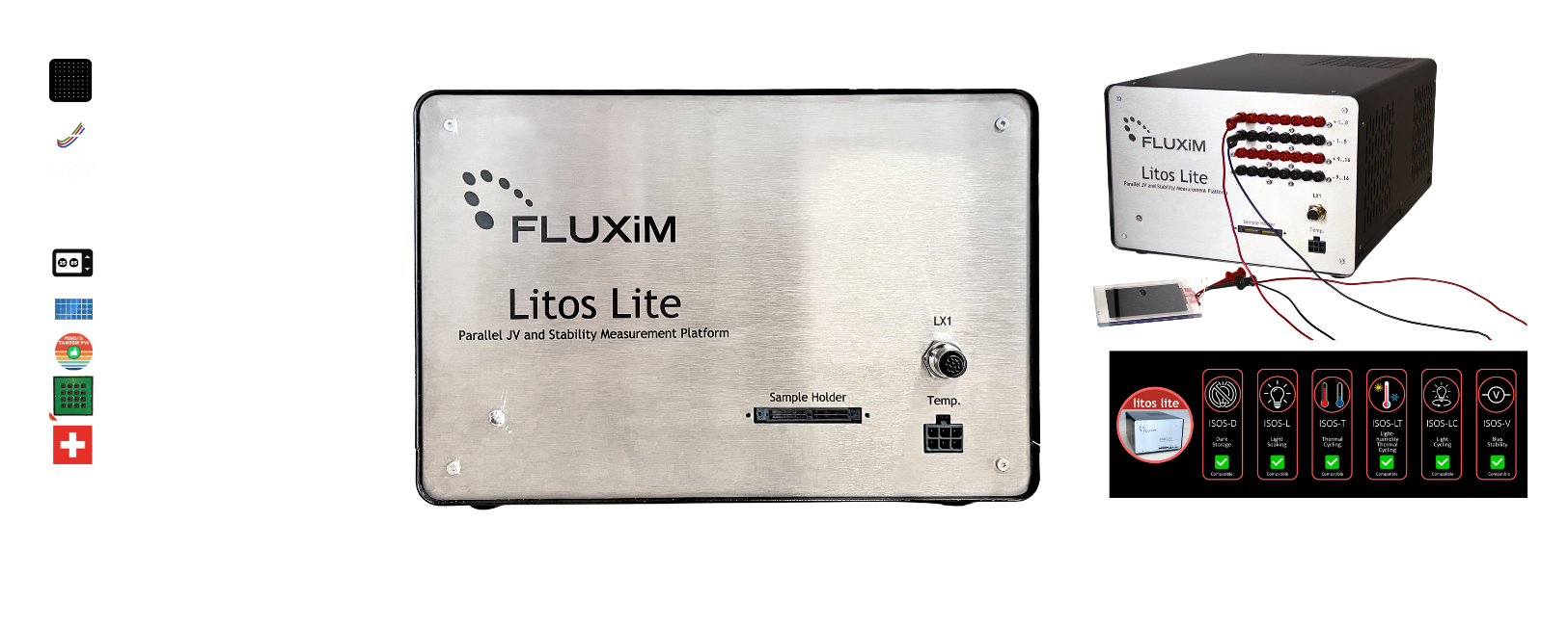 Fluxim Litos Lite stability measurement system showing the main unit, channel connections, and supported ISOS protocols for parallel JV, MPPT, and temperature-controlled solar cell lifetime testing.