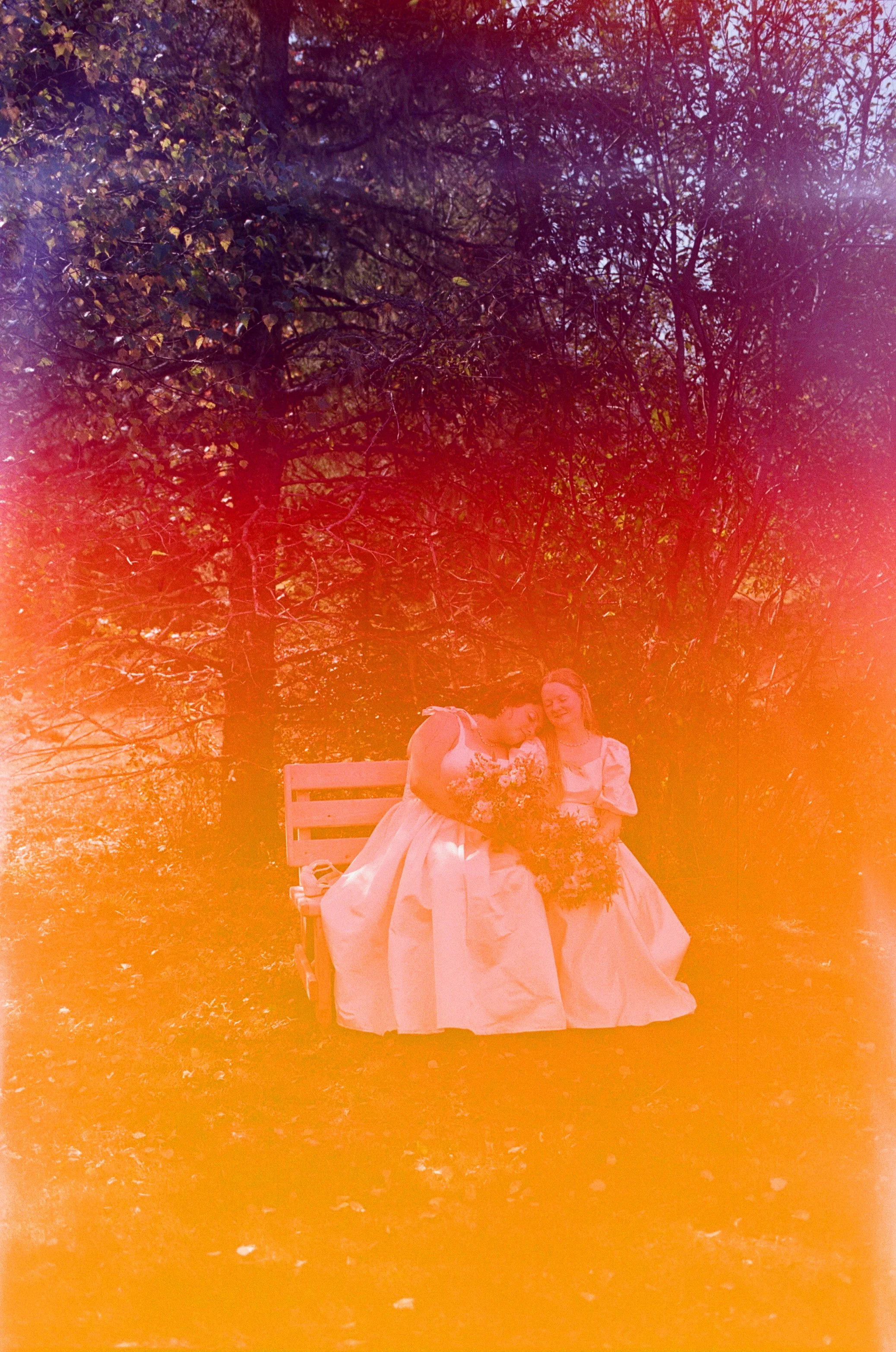 lgbt+ friendly wedding photographer on film - portrait of brides with rainbow light leak sitting on bench in lubec maine