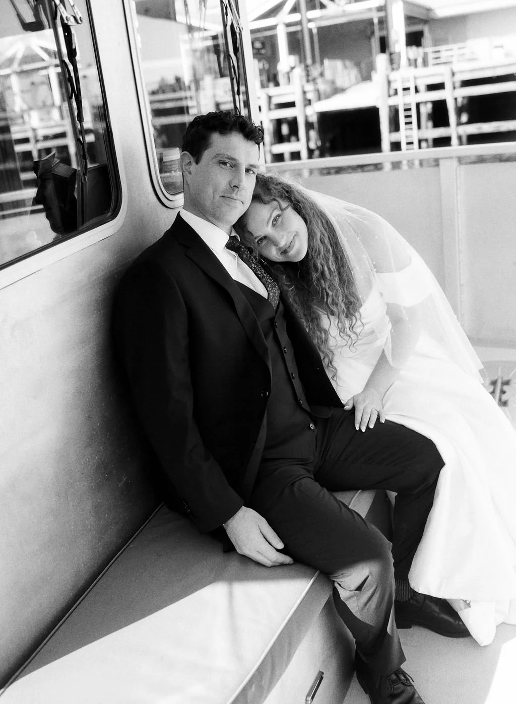 portland elopement couple on boat on film