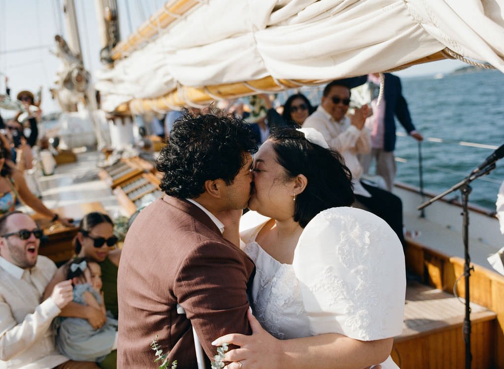 First kiss on a schooner on analog film in maine