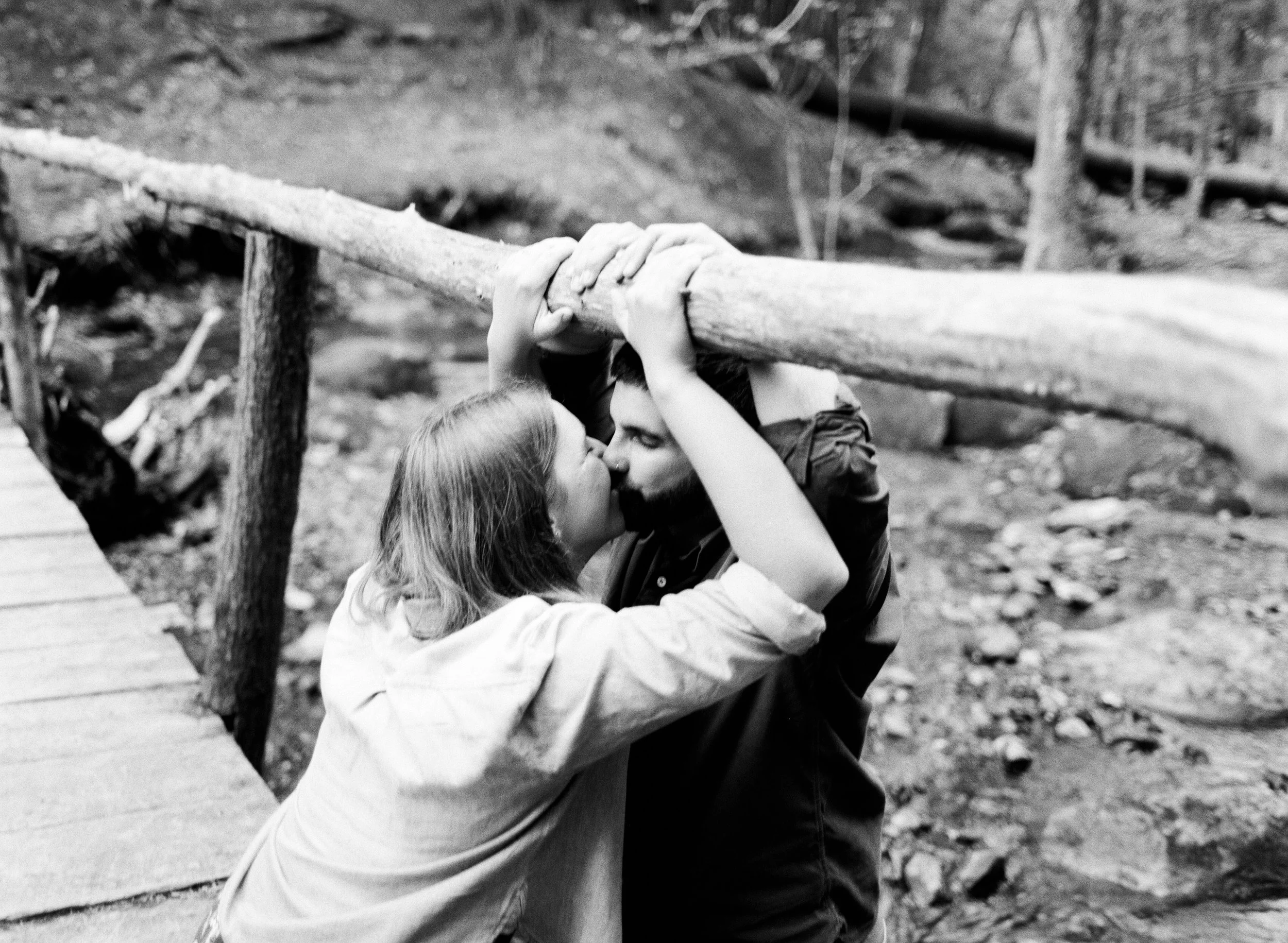 documentary film engagement photos outdoors in the woods in maine