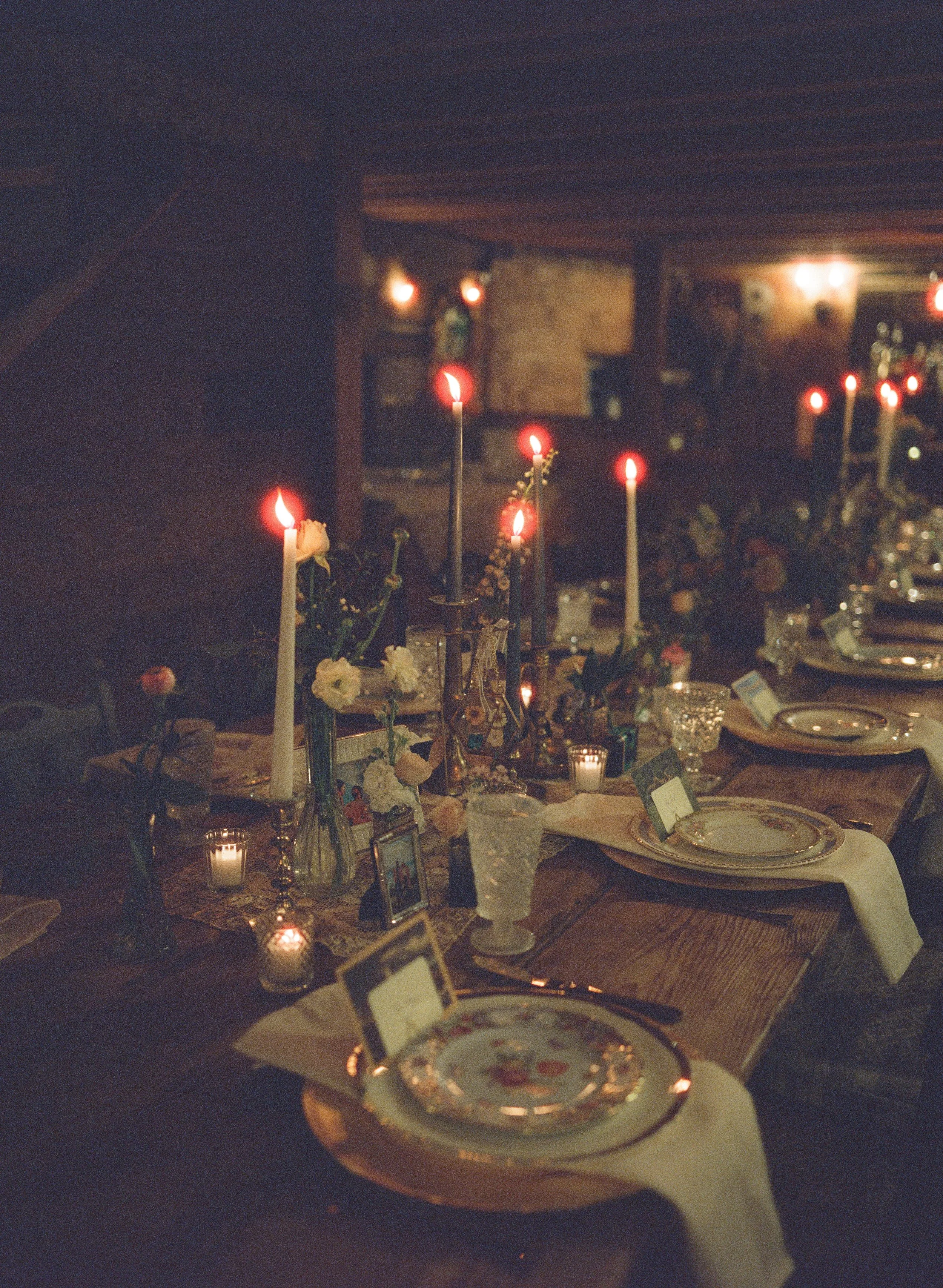 candlelit dinner at barn wedding in maine on film