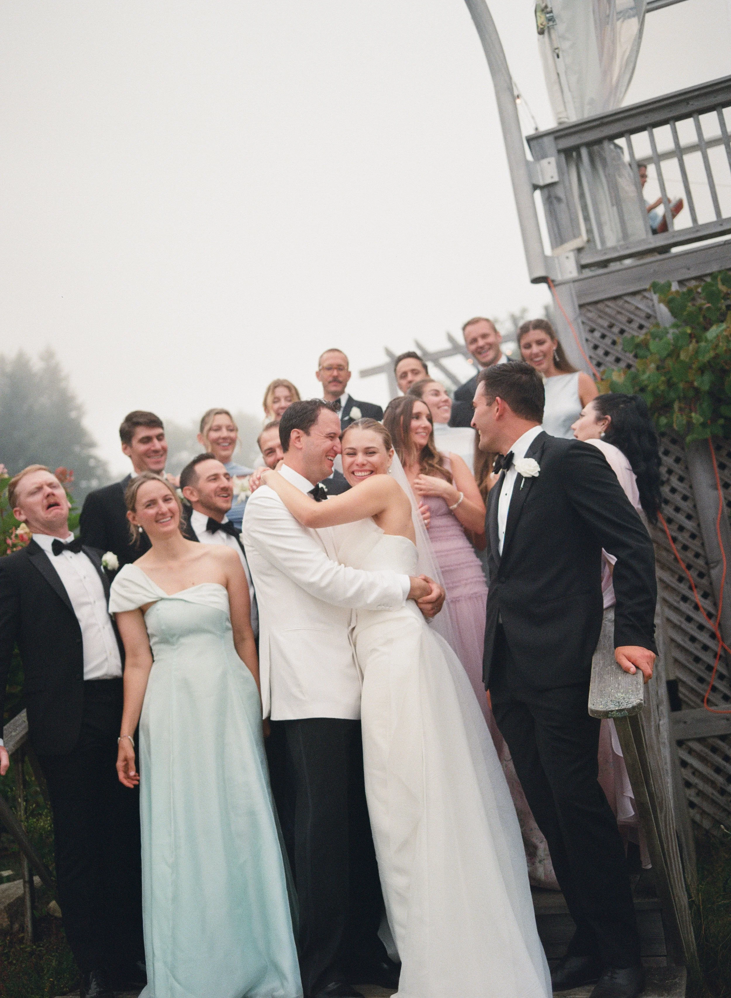 maine wedding film photography portrait of wedding party at aragosta in deer isle