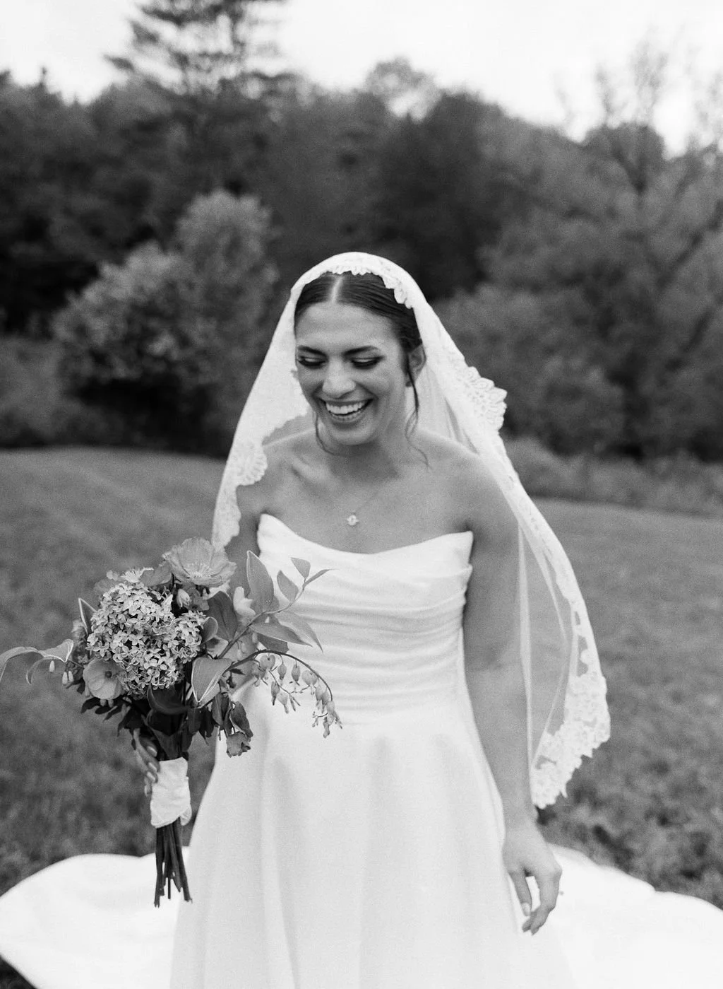 black and white film bridal portraits during new england wedding at a farm