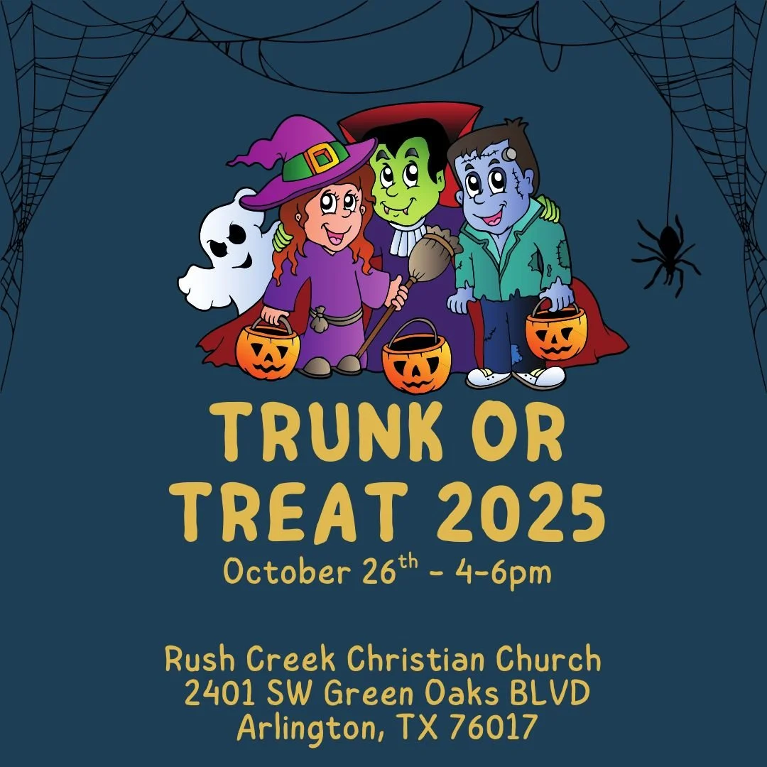 All are invited to join in the fun!  We look forward to seeing you in your costume for trick or treating, games, candy, and more! 

October 26th - 4-6pm  Rush Creek Christian Church, 2401 SW Green Oaks Blvd, Arlington TX 76017

#trunkortreat #trunkor