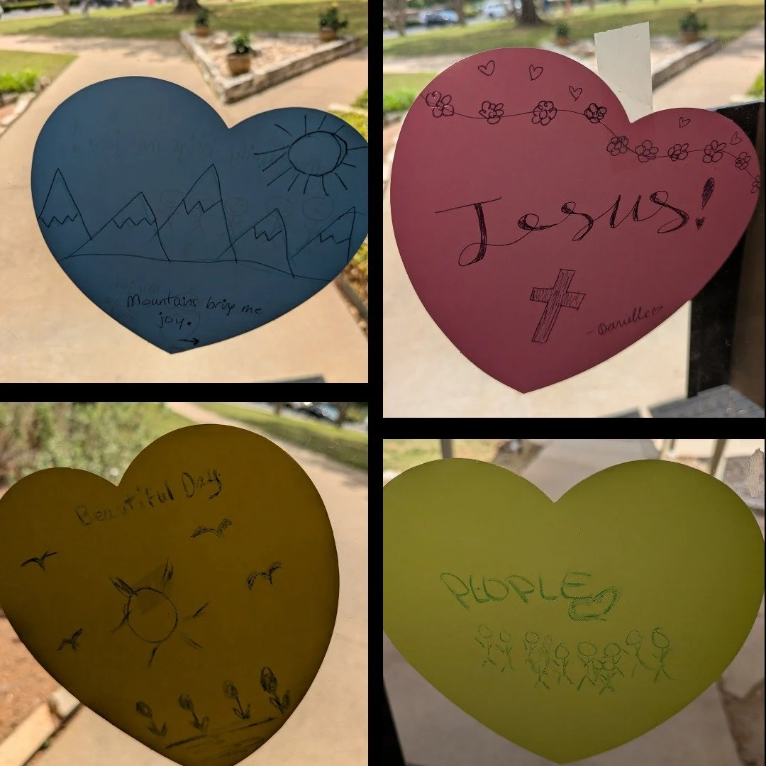 As part of Youth Sunday, the congregation was given paper hearts, crayons, and a simple task - Draw whatever brings you joy.  Here are just a few of the drawings that have been decorating our windows this week.  If you would like to add a joy, feel f