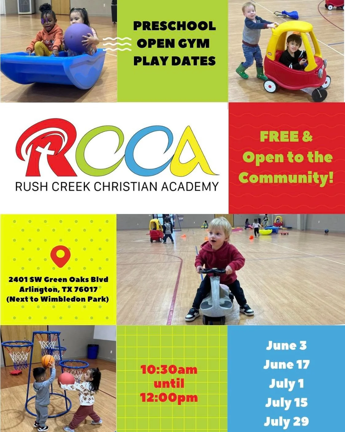 Tomorrow is the first RCCA Preschool Open Gym Play Date of the summer! Invite your friends with preschoolers and bring your kids to play in the air-conditioned gym, 10:30am-12:00pm. Park in the lot closest to Wimbledon Park and enter the gym doors by