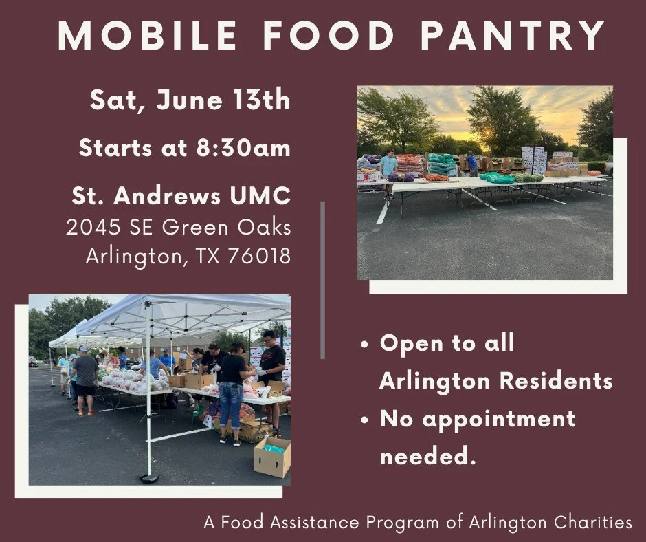 If you or someone you know is struggling to make ends meet, please check out the Mobile Food Pantry.  It's a drive-through event where you get a variety of groceries including produce, canned goods, and more.  We partner with St. Andrew's United Meth