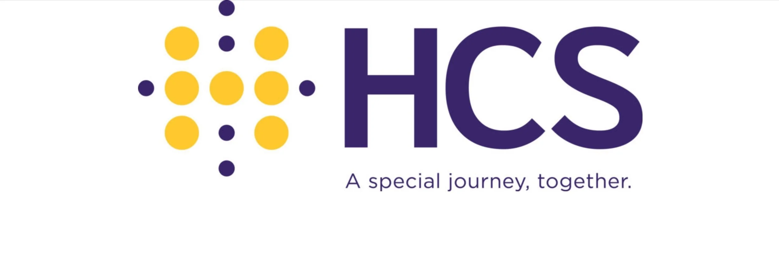 The HCS logo with a pattern of yellow and dark purple dots and the slogan "A special journey, together."