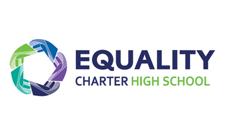Logo for Equality Charter High School with a circular emblem of multicolored hands and the text 'EQUALITY CHARTER HIGH SCHOOL'.