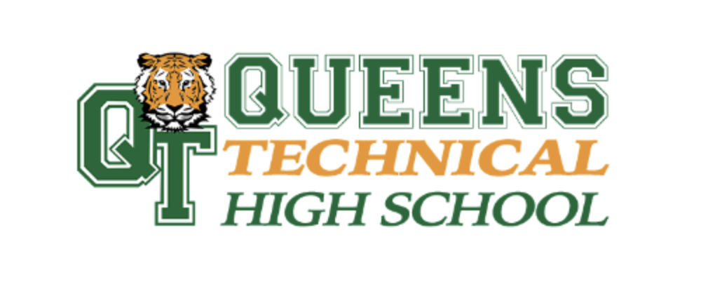 Logo of Queens Technical High School with a tiger mascot and green, white, and orange text.