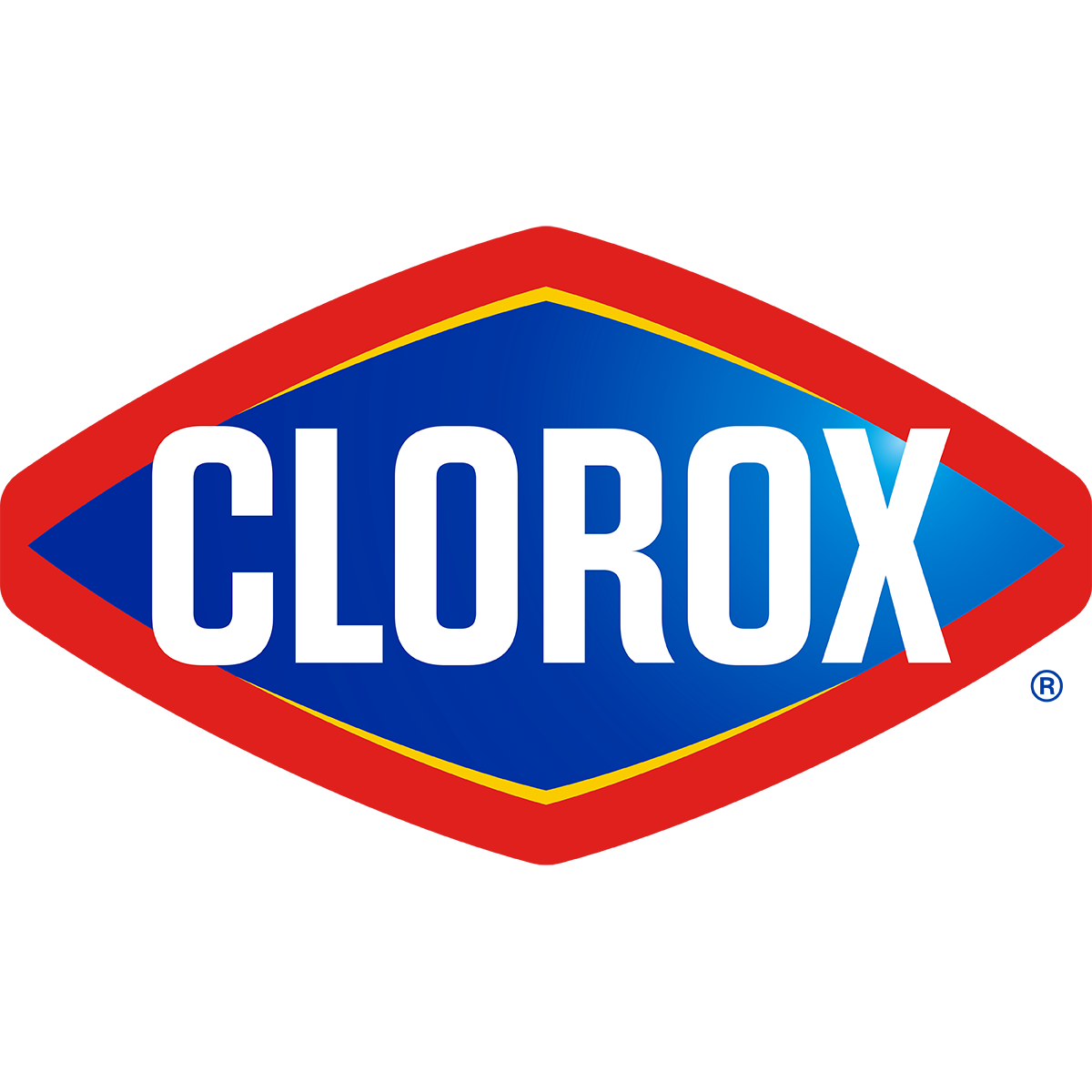 Clorox logo with a red background, blue diamond shape, white lettering, and yellow outline.